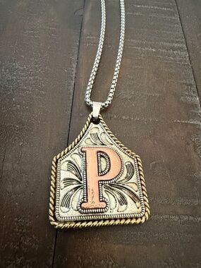 Cow Tag Handmade Initial 'P' Silver & Rose Gold